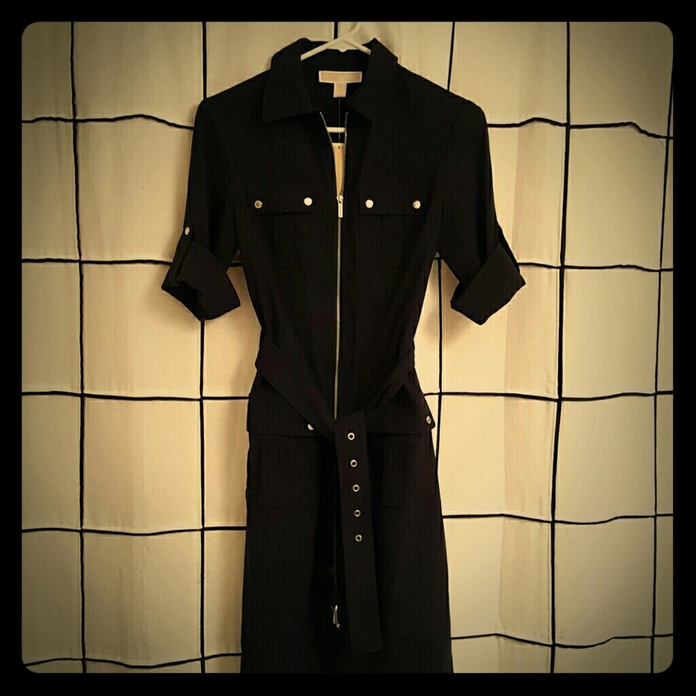 Michael Kors Black Zip-Front Midi Shirt Dress
